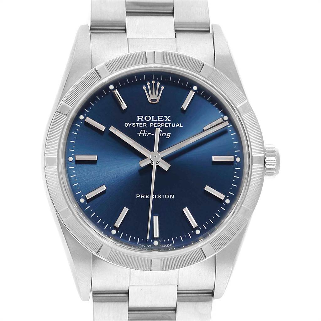 The Rolex Air-King 14010 Men's Stainless Steel Blue Dial 14010 Men's Stainless Steel Blue Dial watch is shown from the front, displaying the dial, case, crown, and bracelet link.