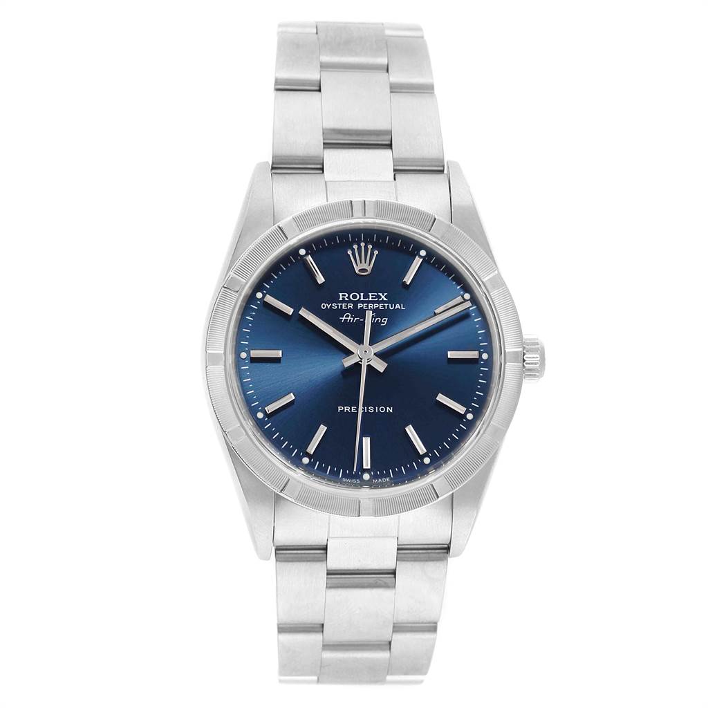 The image shows a front view of the Rolex Air-King 14010 Men's Stainless Steel Blue Dial 14010 Men's Stainless Steel Blue Dial watch, displaying the face, bezel, and bracelet.