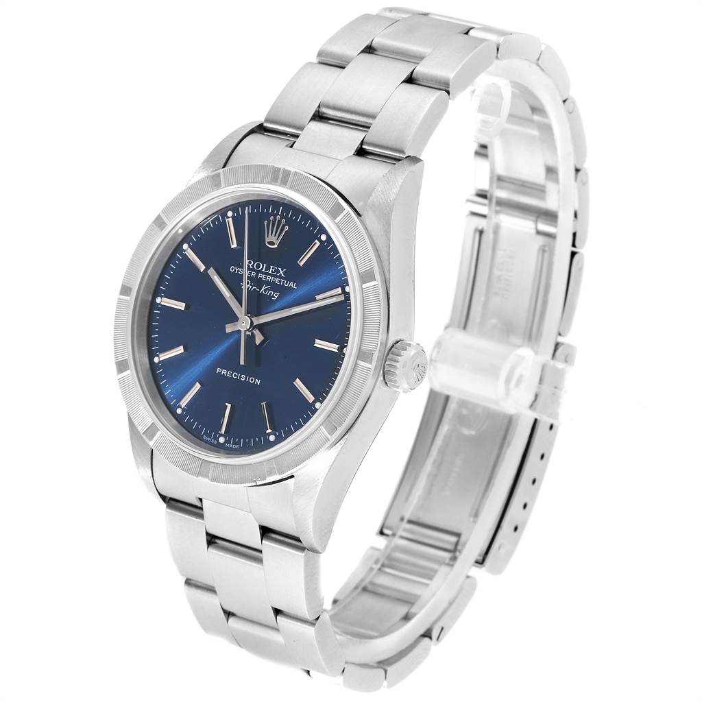 The Rolex Air-King 14010 Men's Stainless Steel Blue Dial 14010 Men's Stainless Steel Blue Dial watch is shown at a slight angle, highlighting its blue dial, metal bracelet, and crown.