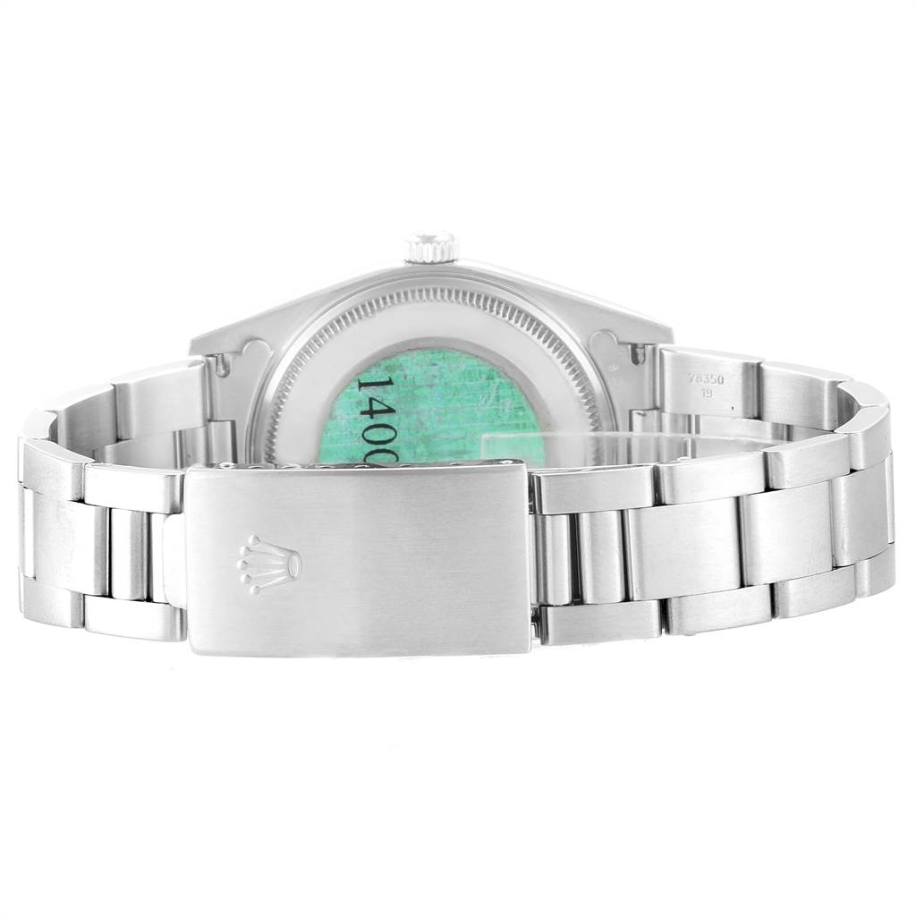 The image shows the back of a Rolex Air-King 14000 Men's Stainless Steel Black Dial 14000 Men's Stainless Steel Black Dial watch, focusing on the bracelet and clasp with the Rolex crown emblem.