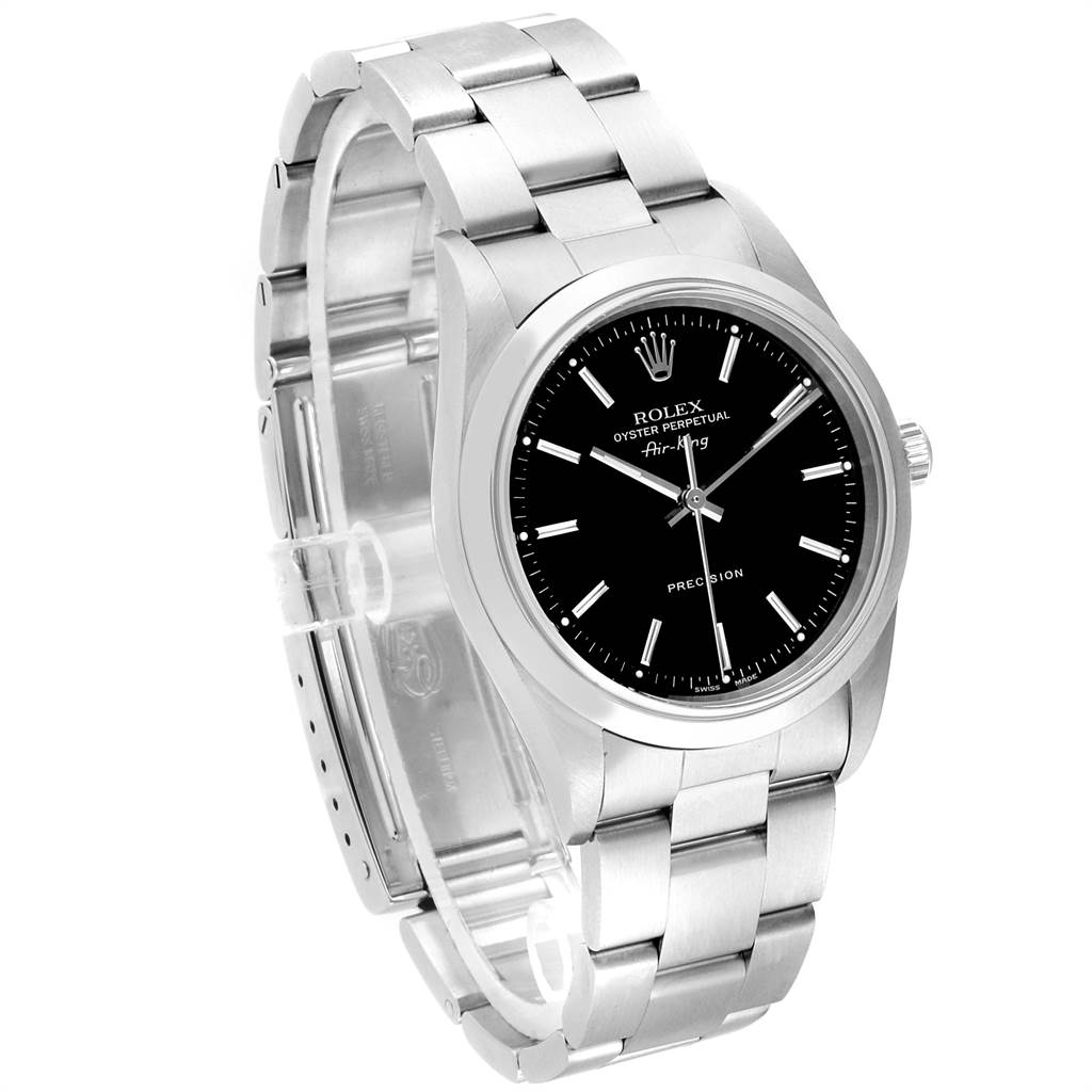The image shows a Rolex Air-King 14000 Men's Stainless Steel Black Dial 14000 Men's Stainless Steel Black Dial wristwatch from a slightly angled perspective, highlighting its bracelet, dial, and case.