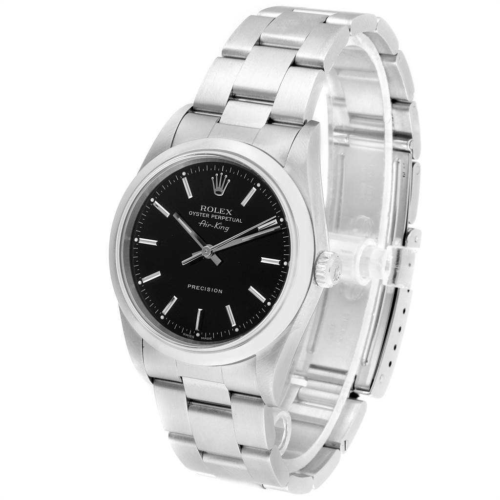 This image shows a Rolex Air-King 14000 Men's Stainless Steel Black Dial 14000 Men's Stainless Steel Black Dial watch at a three-quarter front angle, highlighting its black dial and stainless steel bracelet.