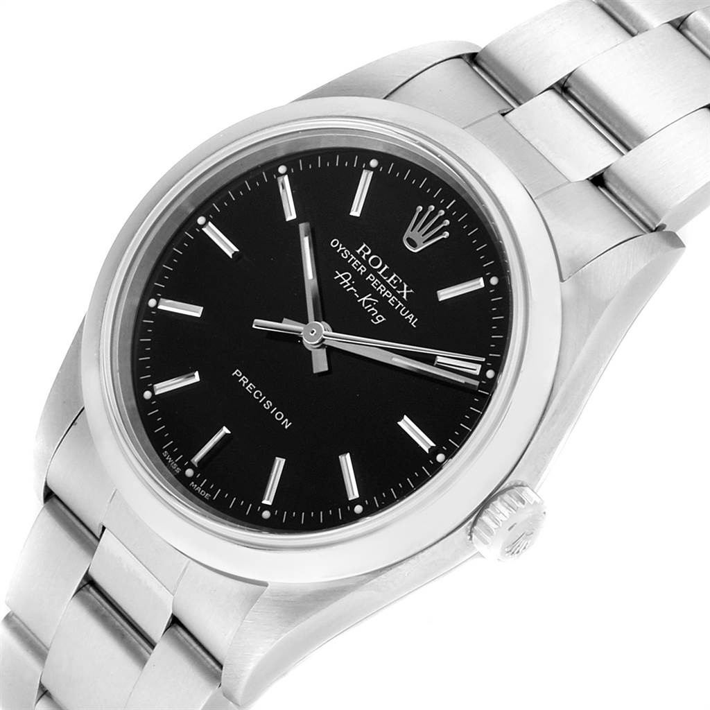 The image shows a close-up angle of the Rolex Air-King 14000 Men's Stainless Steel Black Dial 14000 Men's Stainless Steel Black Dial watch, highlighting its black dial, stainless steel case, and bracelet.