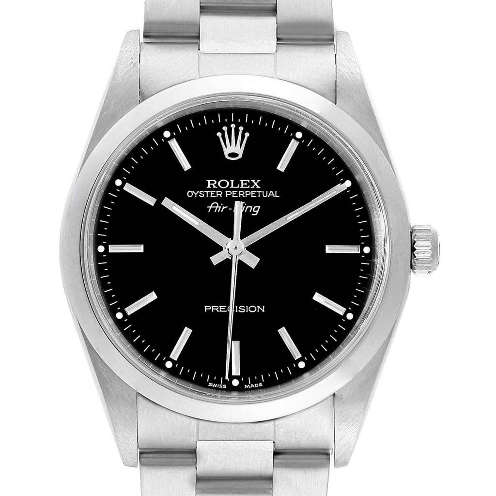 The image shows a front view of a Rolex Air-King 14000 Men's Stainless Steel Black Dial 14000 Men's Stainless Steel Black Dial watch, displaying the dial, hands, and bracelet.