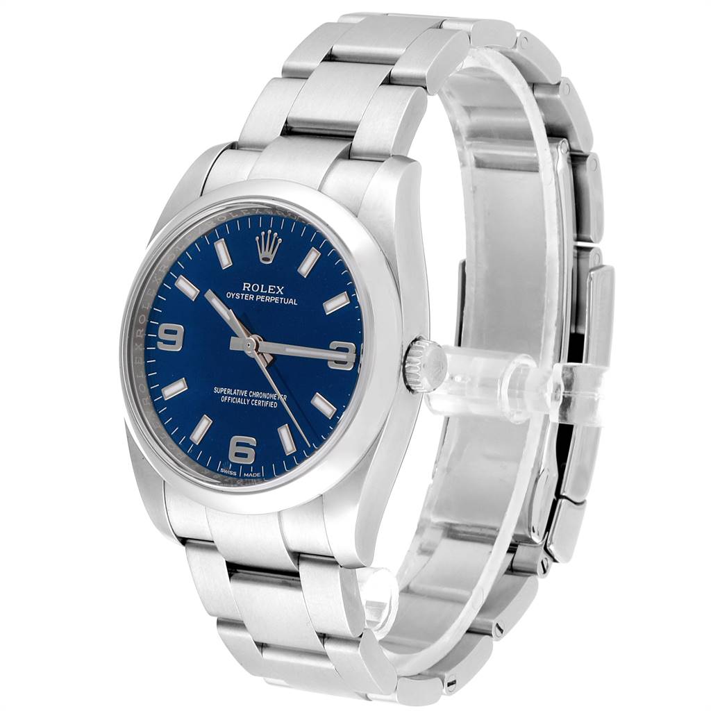 The Rolex Air-King 114200 Men's Stainless Steel Blue Dial 114200 Men's Stainless Steel Blue Dial watch is shown from a front angle, displaying the dial, bezel, and stainless steel bracelet.