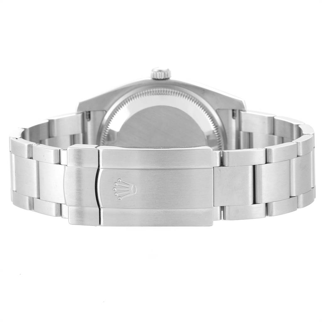 This is a rear view of a Rolex Air-King 114200 Men's Stainless Steel Blue Dial 114200 Men's Stainless Steel Blue Dial watch showcasing the clasp, bracelet, and case back.