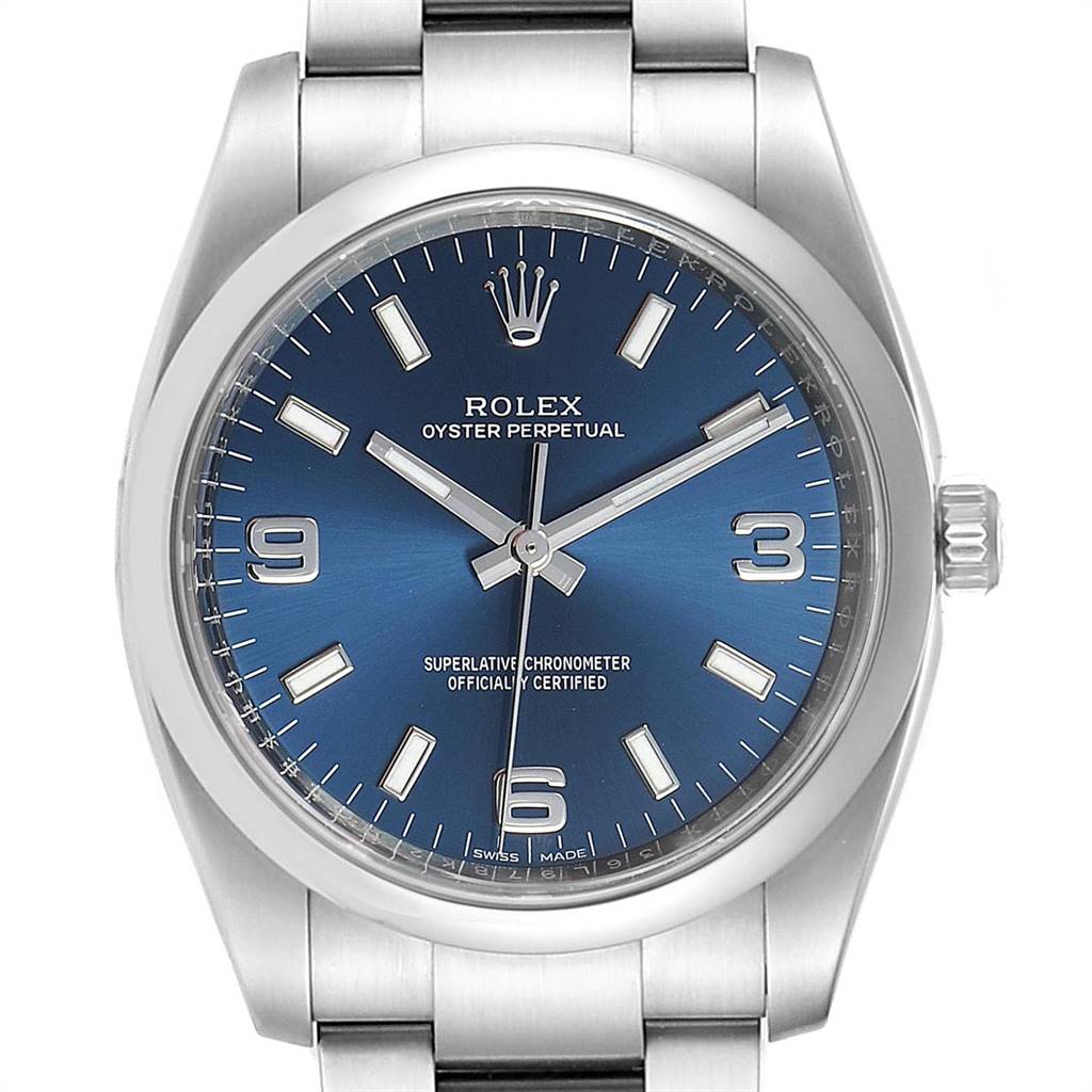 The image shows the Rolex Air-King 114200 Men's Stainless Steel Blue Dial 114200 Men's Stainless Steel Blue Dial watch from the front, focusing on its blue dial and stainless steel bracelet.