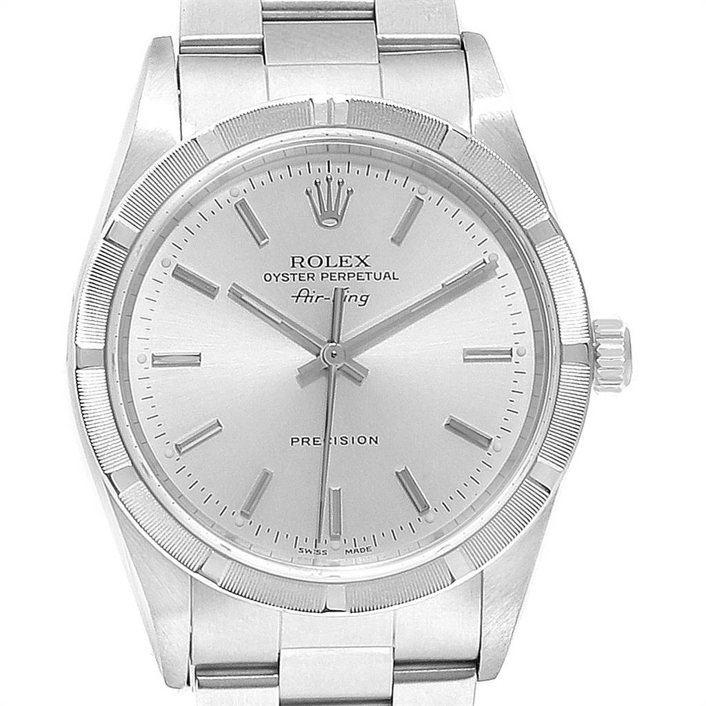 The image shows a frontal view of a Rolex Air-King 14010 Men's Stainless Steel Silver Dial 14010 Men's Stainless Steel Silver Dial watch, highlighting the watch face, bezel, and part of the metal bracelet.