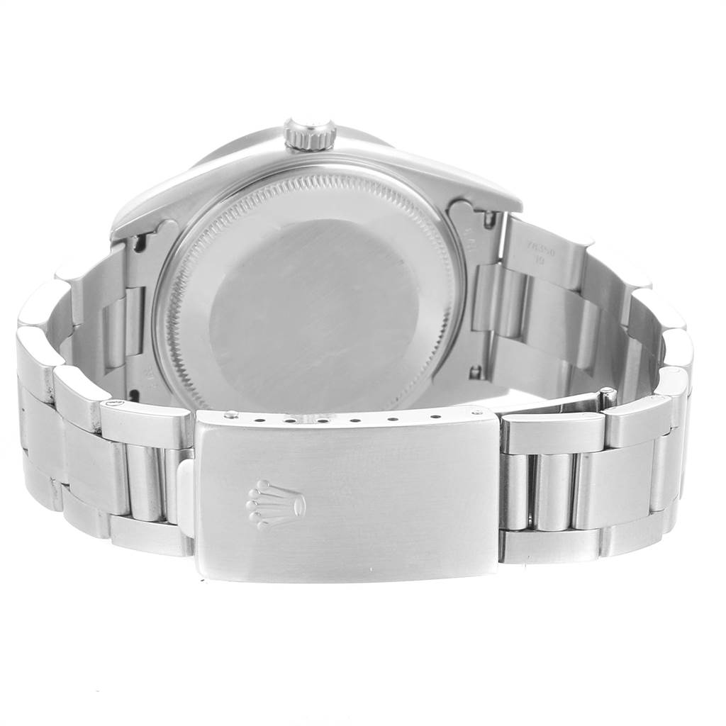 The image shows the back of the Rolex Air-King 14010 Men's Stainless Steel Silver Dial 14010 Men's Stainless Steel Silver Dial watch, highlighting its clasp, bracelet, and caseback.