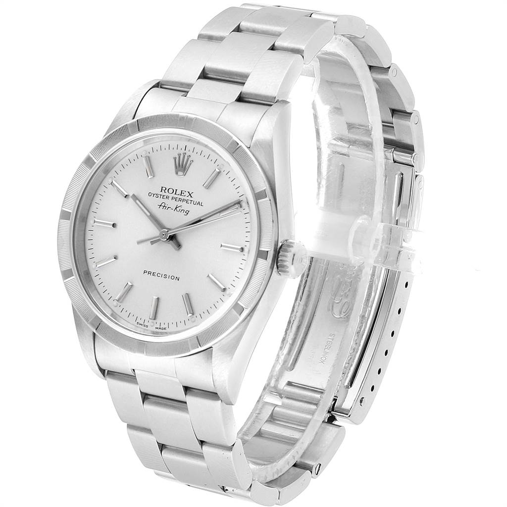 The image shows a Rolex Air-King 14010 Men's Stainless Steel Silver Dial 14010 Men's Stainless Steel Silver Dial watch from a slightly angled front view, highlighting the face, bezel, case, and bracelet.