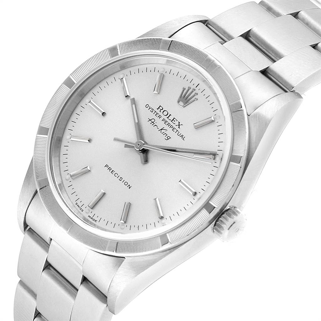 The image shows a close-up angled view of the Rolex Air-King 14010 Men's Stainless Steel Silver Dial 14010 Men's Stainless Steel Silver Dial watch, highlighting its dial, bezel, and part of its bracelet.