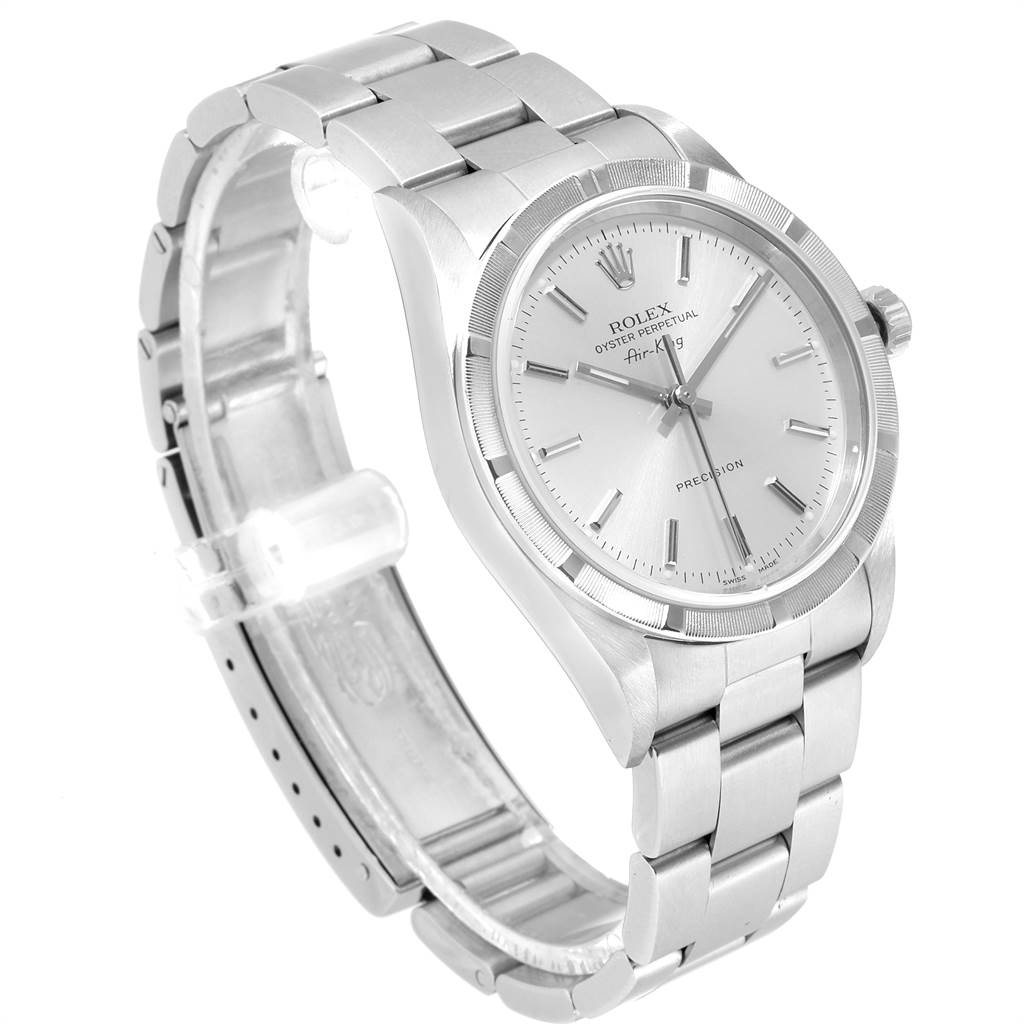 The image shows a Rolex Air-King 14010 Men's Stainless Steel Silver Dial 14010 Men's Stainless Steel Silver Dial watch angled slightly to display the face, band, and side profile.