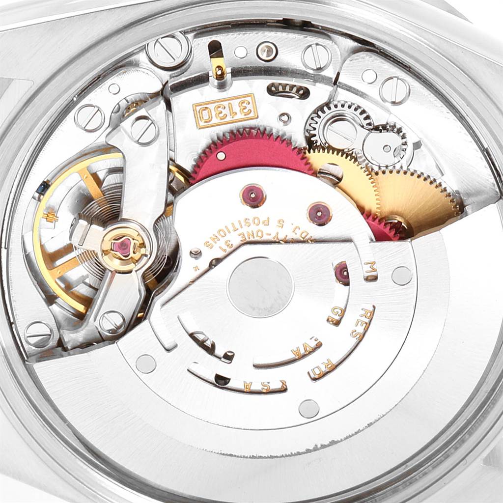 This image shows the internal mechanism of a Rolex Air-King 14010 Men's Stainless Steel Silver Dial 14010 Men's Stainless Steel Silver Dial watch from a top-down angle.