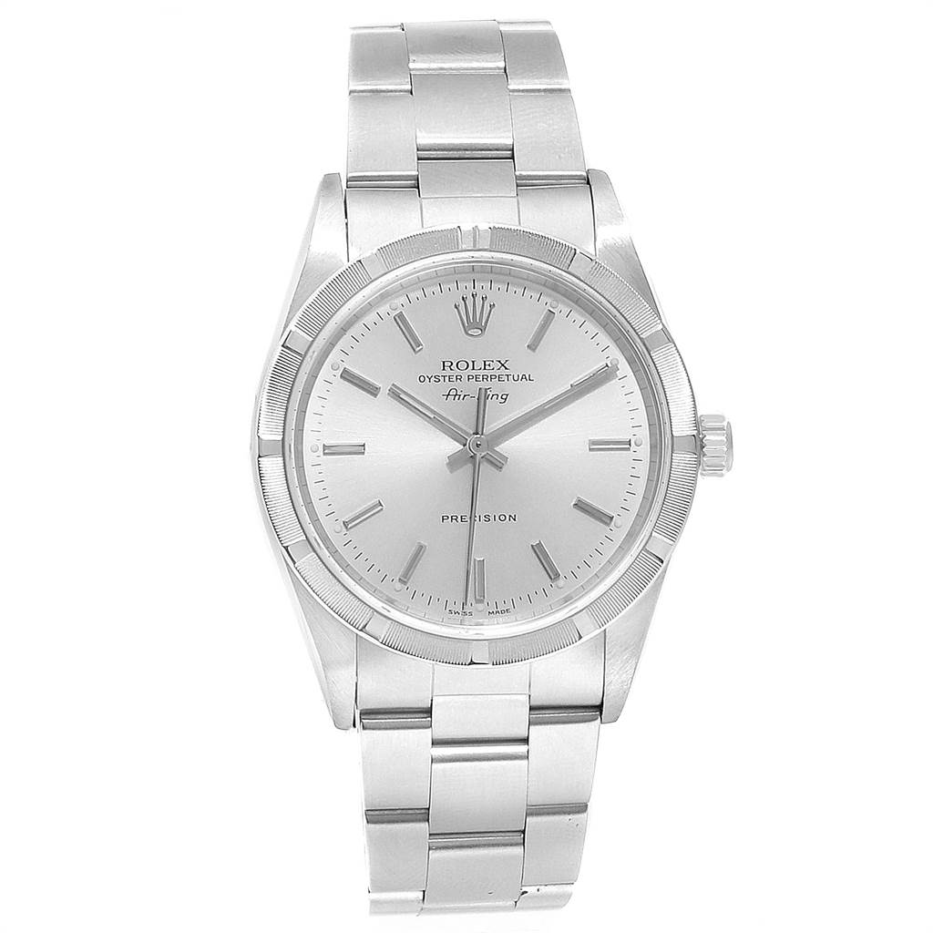 This is a front-facing view of a Rolex Air-King 14010 Men's Stainless Steel Silver Dial 14010 Men's Stainless Steel Silver Dial watch, showing the dial, hands, crown, bezel, and bracelet.