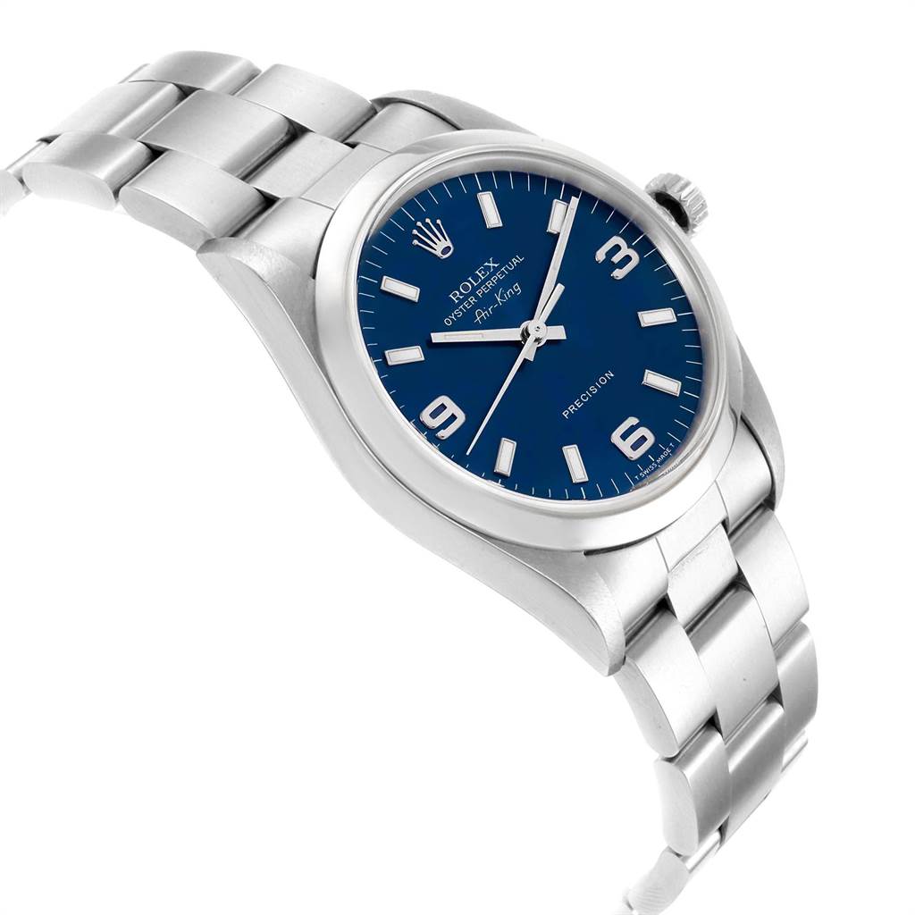 The image shows a Rolex Air-King 14000 Men's Stainless Steel Blue Dial 14000 Men's Stainless Steel Blue Dial watch at an angled view, highlighting its blue dial, bracelet, and crown.