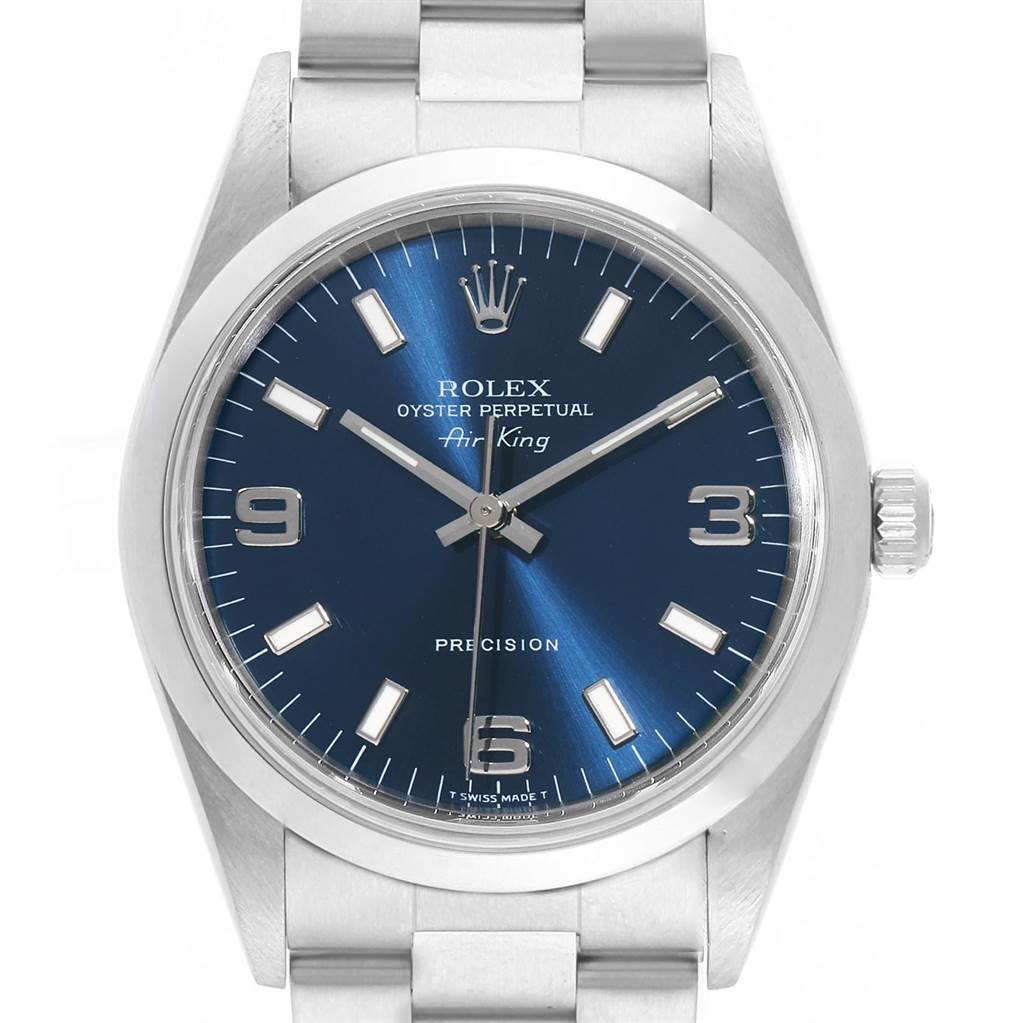 The Rolex Air-King 14000 Men's Stainless Steel Blue Dial 14000 Men's Stainless Steel Blue Dial watch is shown from a front angle, displaying its blue dial, markers, hands, and oyster bracelet.