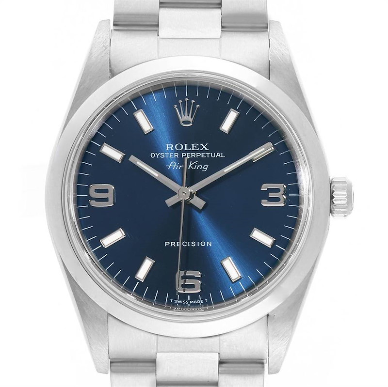 Rolex Air King 34 Smooth Bezel Blue Dial Steel Mens Watch 14000 SwissWatchExpo
