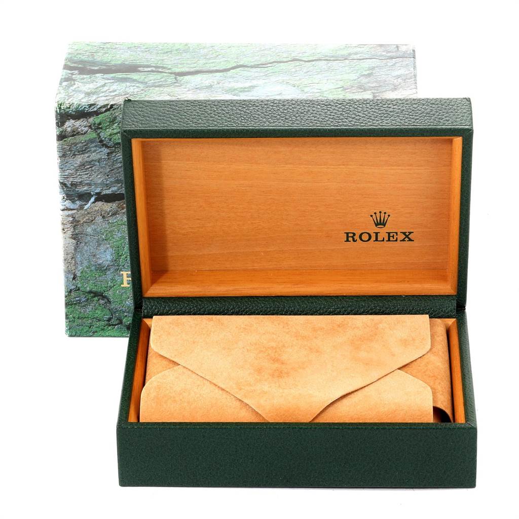 The image shows an open Rolex Air-King 14000 Men's Stainless Steel Blue Dial 14000 Men's Stainless Steel Blue Dial watch box with a protective leather pouch inside.