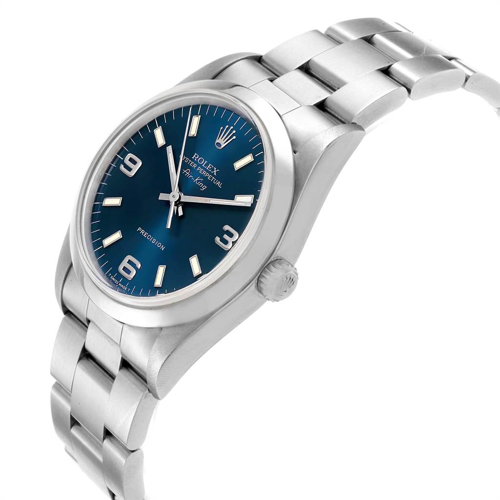 The Rolex Air-King 14000 Men's Stainless Steel Blue Dial 14000 Men's Stainless Steel Blue Dial watch is shown from a tilted angle, displaying the blue dial, case, crown, and part of the bracelet.