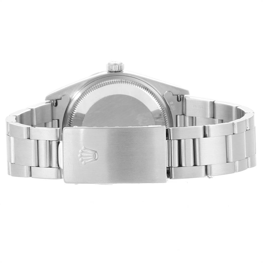 This image shows the back and clasp of a Rolex Air-King 14000 Men's Stainless Steel Blue Dial 14000 Men's Stainless Steel Blue Dial watch, displaying its stainless steel bracelet and case from a rear view.