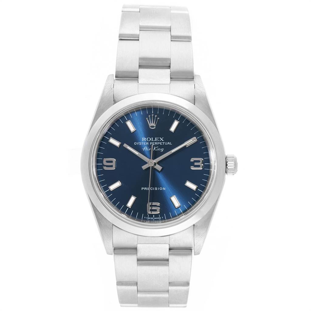 This image shows a front view of a Rolex Air-King 14000 Men's Stainless Steel Blue Dial 14000 Men's Stainless Steel Blue Dial watch, featuring its blue dial, stainless steel bracelet, and crown.