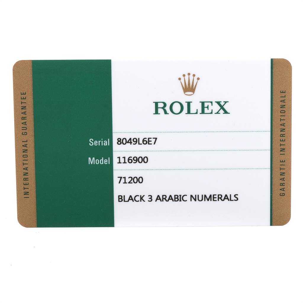 This image shows the warranty card for a Rolex Air-King 116900 Men's Stainless Steel Black Dial 116900 Men's Stainless Steel Black Dial watch model 116900.