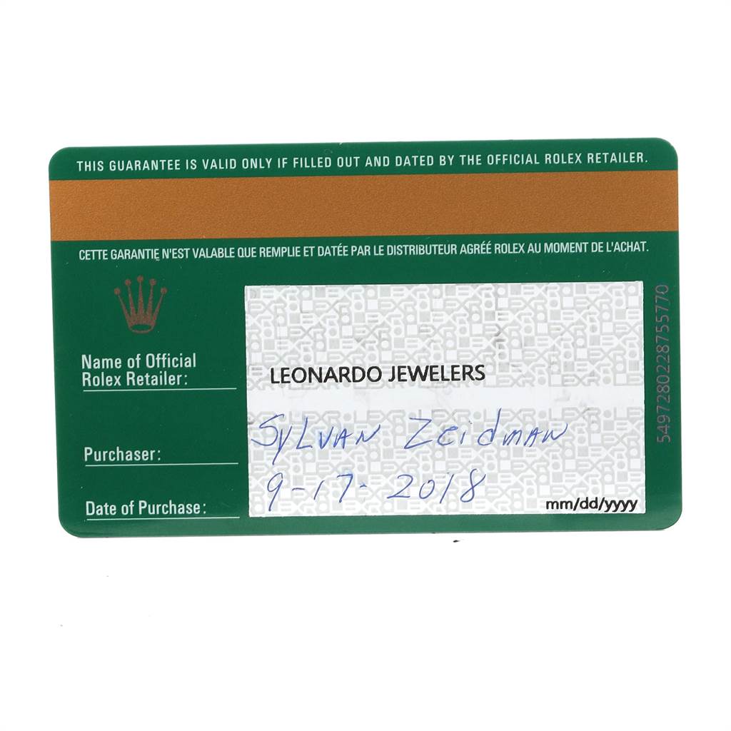 This image shows the warranty card for a Rolex Air-King 116900 Men's Stainless Steel Black Dial 116900 Men's Stainless Steel Black Dial watch, detailing the retailer, purchaser, and purchase date.