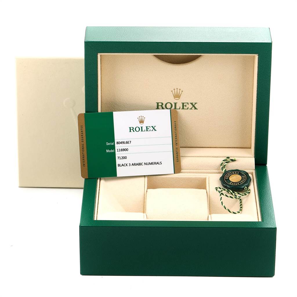 The image shows an empty Rolex Air-King 116900 Men's Stainless Steel Black Dial 116900 Men's Stainless Steel Black Dial model watch box with an authenticity card, tag, and cushion.