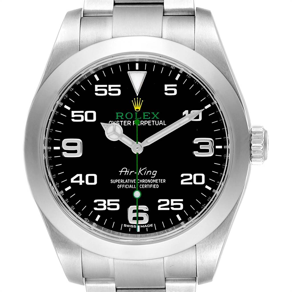 The image shows a front view of a Rolex Air-King 116900 Men's Stainless Steel Black Dial 116900 Men's Stainless Steel Black Dial watch, highlighting the dial, hands, and crown.