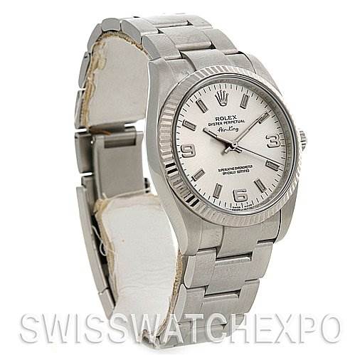 The image shows a Rolex Air-King 114234 Stainless Steel Silver Dial 114234 Stainless Steel Silver Dial watch from a side angle, displaying its silver bracelet, white dial, and fluted bezel.