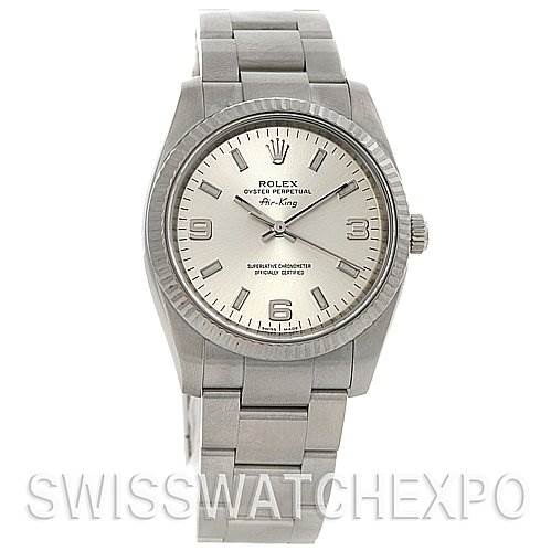 The image shows a front view of the Rolex Air-King 114234 Stainless Steel Silver Dial 114234 Stainless Steel Silver Dial watch, displaying the dial, bracelet, and crown.