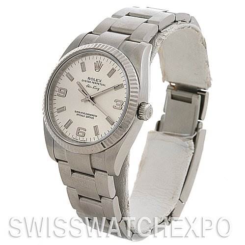 The Rolex Air-King 114234 Stainless Steel Silver Dial 114234 Stainless Steel Silver Dial watch is shown from a front-left angle, displaying its dial, bezel, crown, and part of the band.