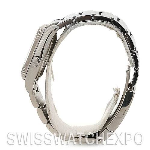 The image shows a side profile of a Rolex Air-King 114234 Stainless Steel Silver Dial 114234 Stainless Steel Silver Dial watch, highlighting its case and metal bracelet.