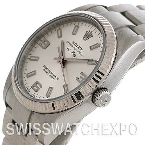 The image shows a side-angle view of the Rolex Air-King 114234 Stainless Steel Silver Dial 114234 Stainless Steel Silver Dial watch, highlighting the dial, bezel, and crown.