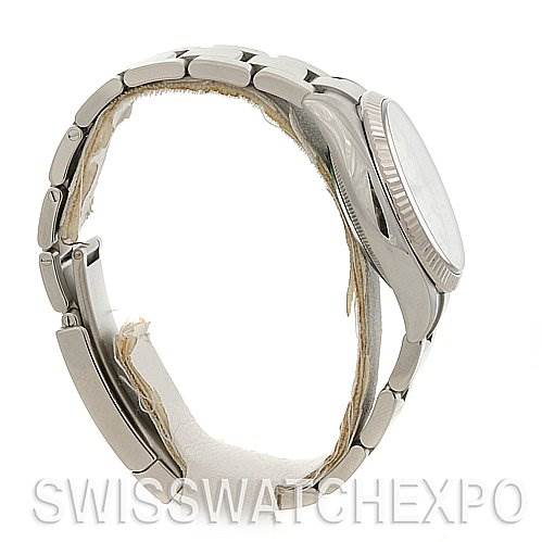 The image shows a side view of a Rolex Air-King 114234 Stainless Steel Silver Dial 114234 Stainless Steel Silver Dial watch, focusing on the band, clasp, case, and bezel.