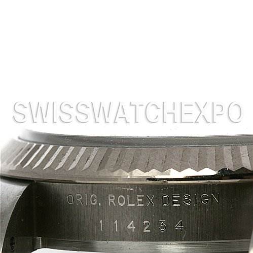 The image shows a close-up of the side of the bezel and case, engraved with "ORIG. ROLEX DESIGN" and the model number of the Rolex Air-King 114234 Stainless Steel Silver Dial 114234 Stainless Steel Silver Dial.