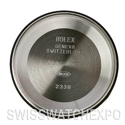 This image shows the case back of the Rolex Air-King 114234 Stainless Steel Silver Dial 114234 Stainless Steel Silver Dial watch, highlighting the engraved text and material.