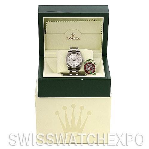 The image shows a Rolex Air-King 114234 Stainless Steel Silver Dial 114234 Stainless Steel Silver Dial watch at an angle with the watch box containing the watch and a tag.