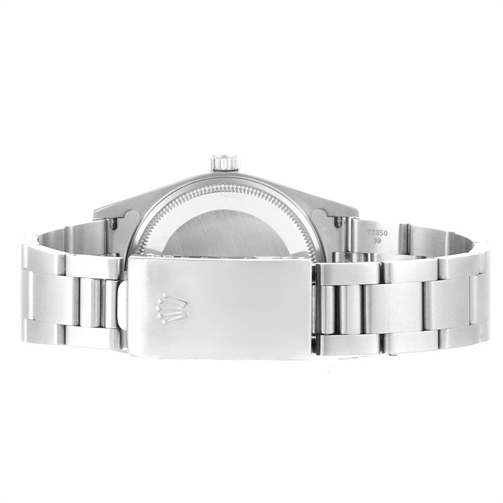 The image shows the back and clasp of a Rolex Air-King 14000 Men's Stainless Steel Blue Dial 14000 Men's Stainless Steel Blue Dial watch, highlighting the bracelet and case back.