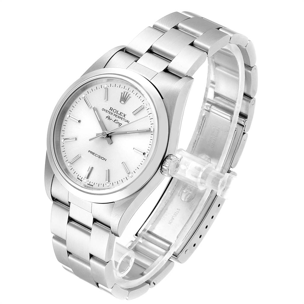 This image displays a Rolex Air-King 14000 Men's Stainless Steel Silver Dial 14000 Men's Stainless Steel Silver Dial watch at a slight angle, highlighting its face, bracelet, and partially open clasp.