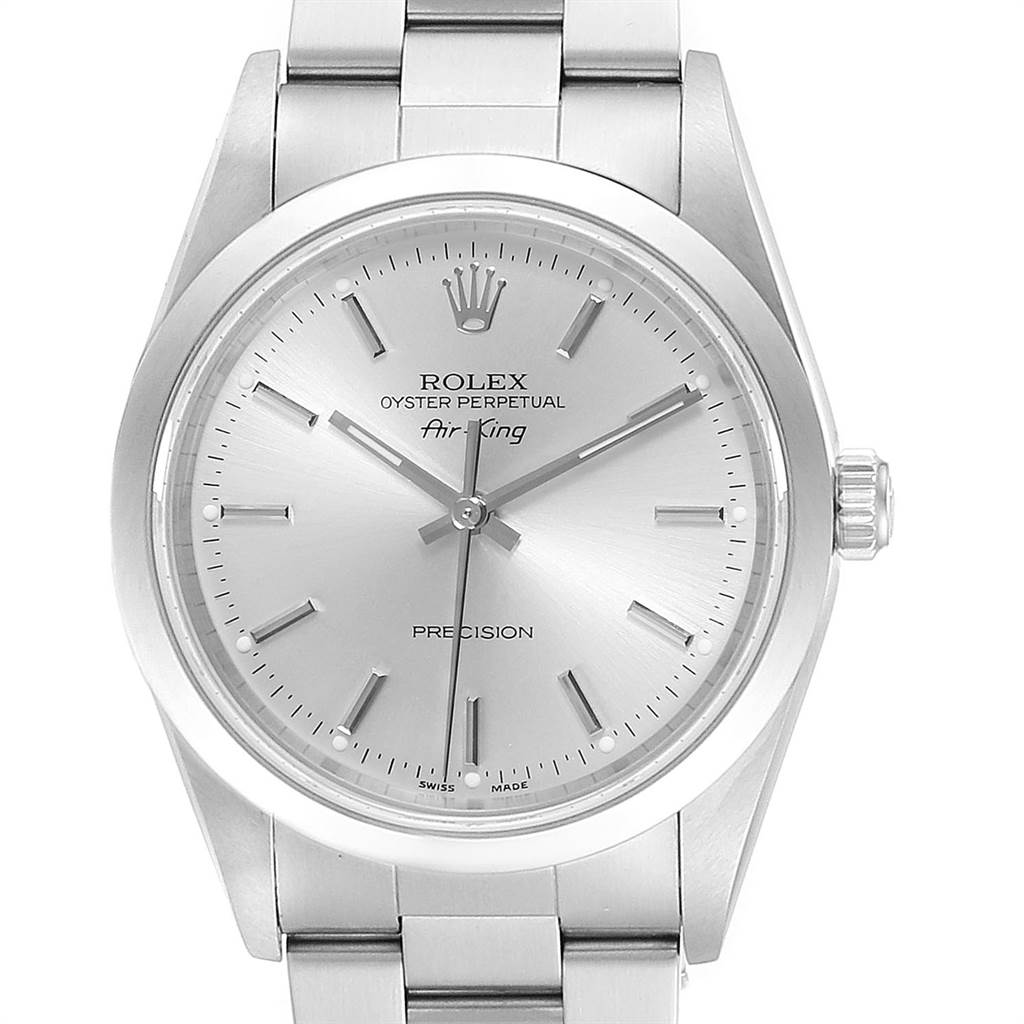 This image shows a front view of the Rolex Air-King 14000 Men's Stainless Steel Silver Dial 14000 Men's Stainless Steel Silver Dial watch displaying its face, bezel, crown, and part of the bracelet.