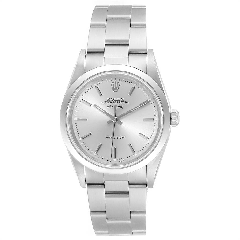 The Rolex Air-King 14000 Men's Stainless Steel Silver Dial 14000 Men's Stainless Steel Silver Dial watch is shown from a top-down angle, displaying the full face, dial, bezel, and bracelet.