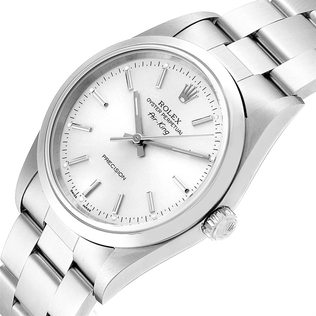 The image shows a close-up view of the dial, crown, and bracelet of a Rolex Air-King 14000 Men's Stainless Steel Silver Dial 14000 Men's Stainless Steel Silver Dial watch.
