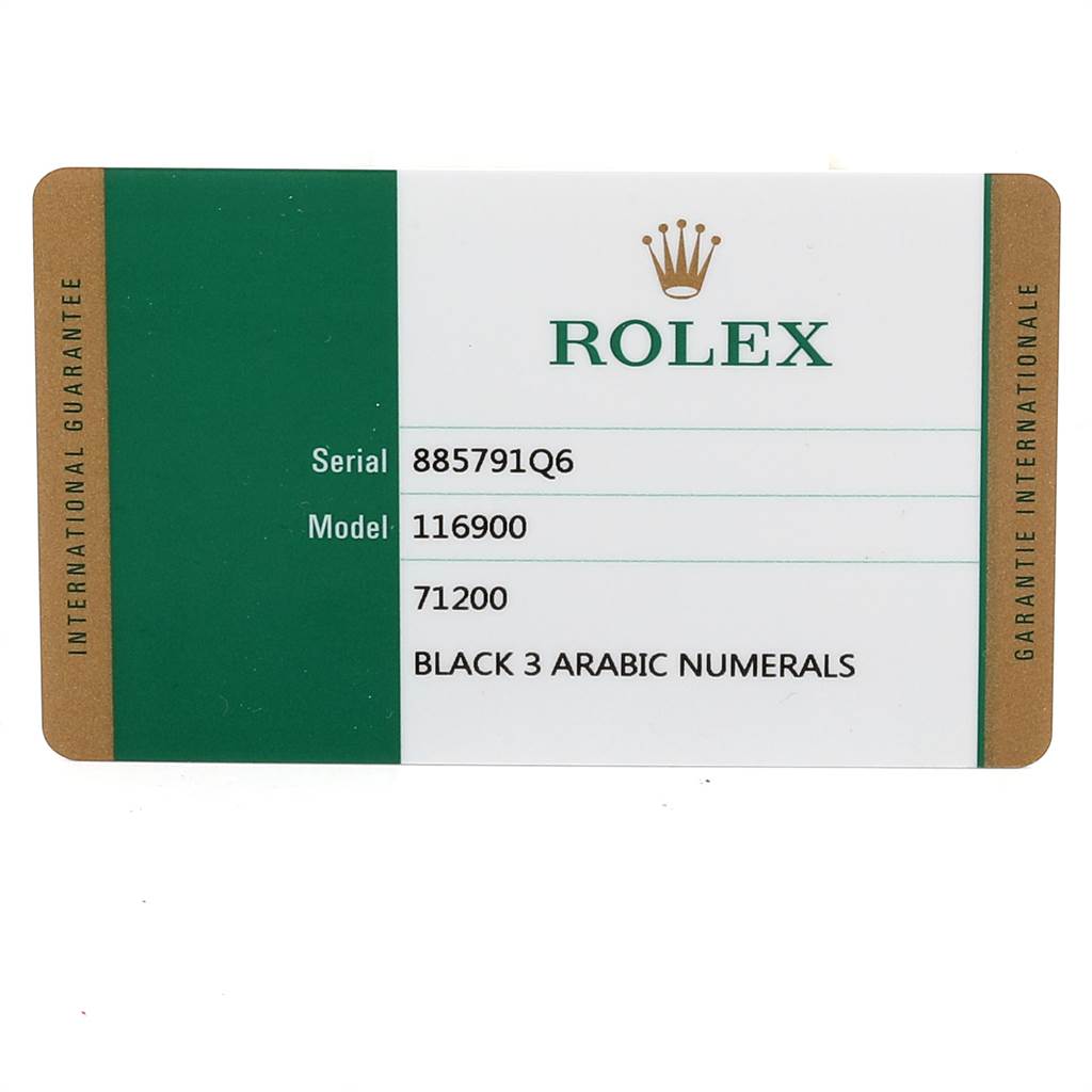 This is a guarantee card for the Rolex Air-King 116900 Men's Stainless Steel Black Dial 116900 Men's Stainless Steel Black Dial model 116900, showing serial number and dial description.