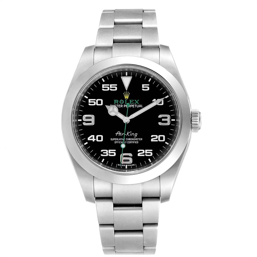 The image shows a frontal view of the Rolex Air-King 116900 Men's Stainless Steel Black Dial 116900 Men's Stainless Steel Black Dial watch, displaying its face, bezel, and bracelet.
