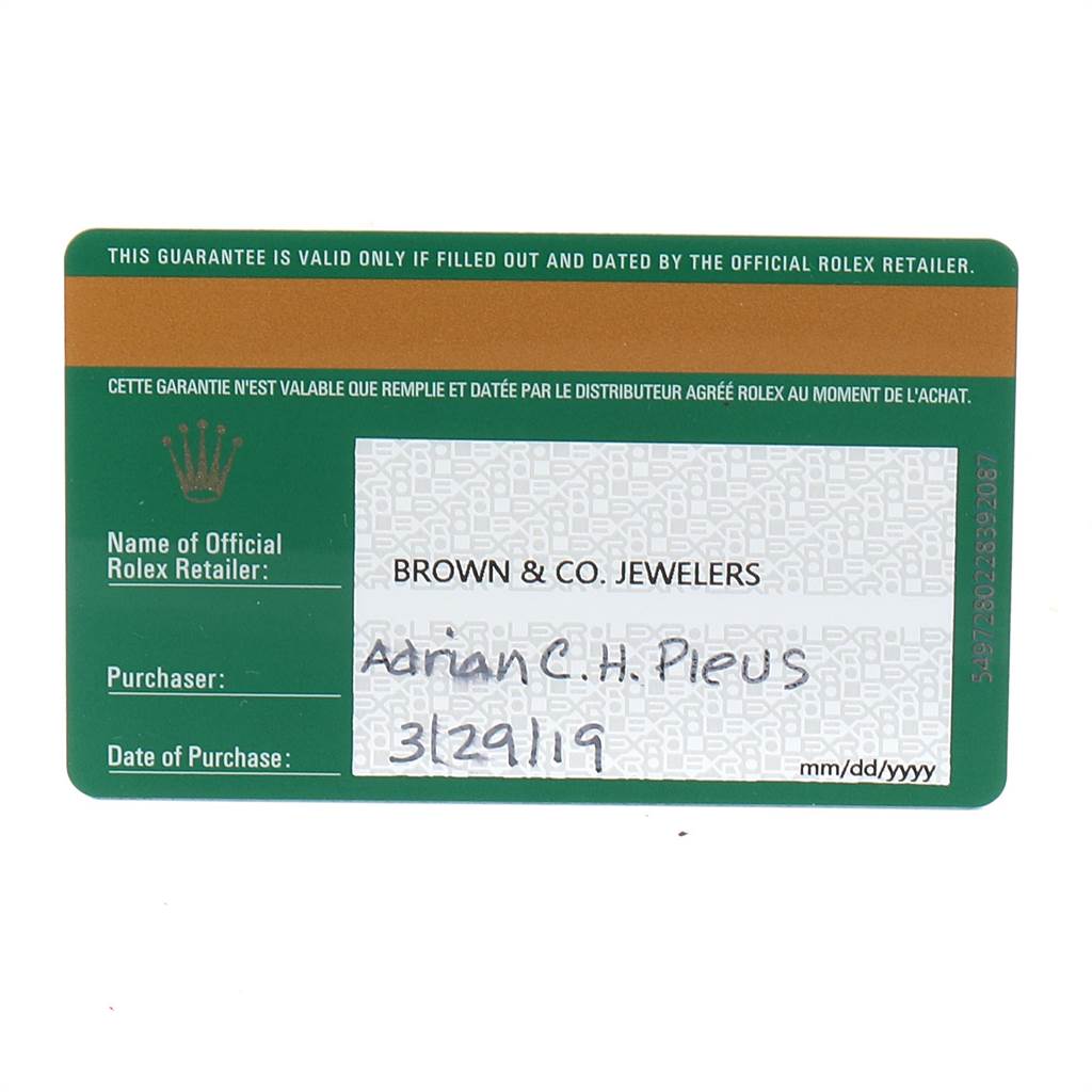 The image shows a warranty card for the Rolex Air-King 116900 Men's Stainless Steel Black Dial 116900 Men's Stainless Steel Black Dial model from Brown & Co. Jewelers, purchased on 3/29/19.