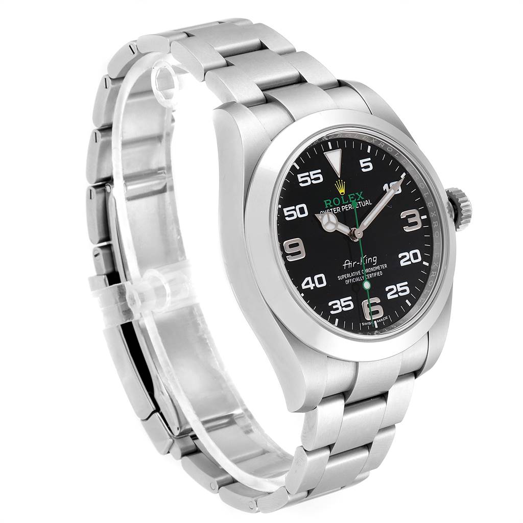 The image shows a Rolex Air-King 116900 Men's Stainless Steel Black Dial 116900 Men's Stainless Steel Black Dial watch from an angled side view, highlighting its black dial and stainless steel bracelet.