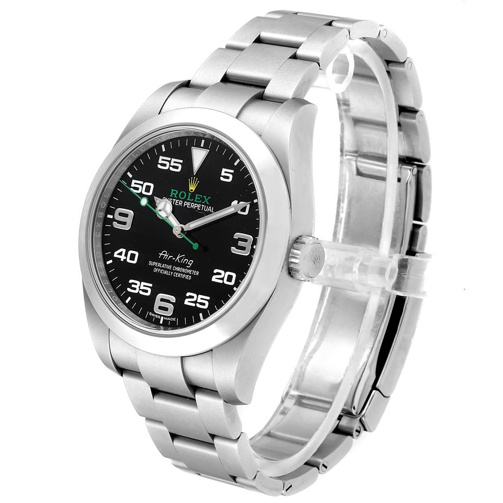 The image shows a side and top view of the Rolex Air-King 116900 Men's Stainless Steel Black Dial 116900 Men's Stainless Steel Black Dial watch, highlighting its stainless steel case, bracelet, and black dial.