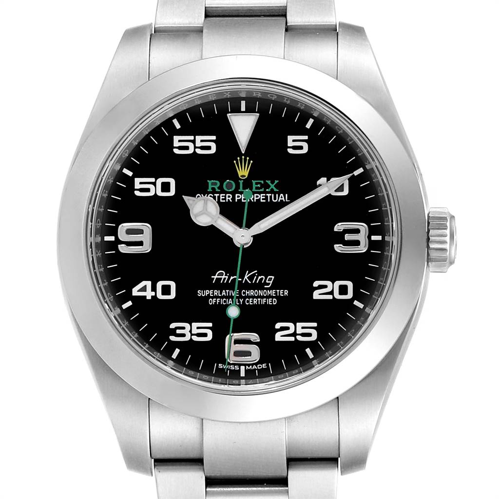This image shows a front view of the Rolex Air-King 116900 Men's Stainless Steel Black Dial 116900 Men's Stainless Steel Black Dial watch, highlighting its black dial, hands, numbers, and stainless steel bracelet.