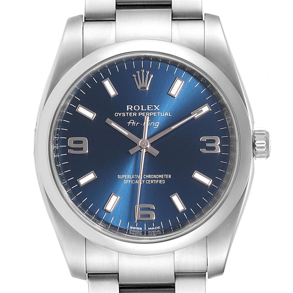 The image shows a front view of the Rolex Air-King 114200 Men's Stainless Steel Blue Dial 114200 Men's Stainless Steel Blue Dial watch, highlighting the dial, hands, crown, and part of the bracelet.